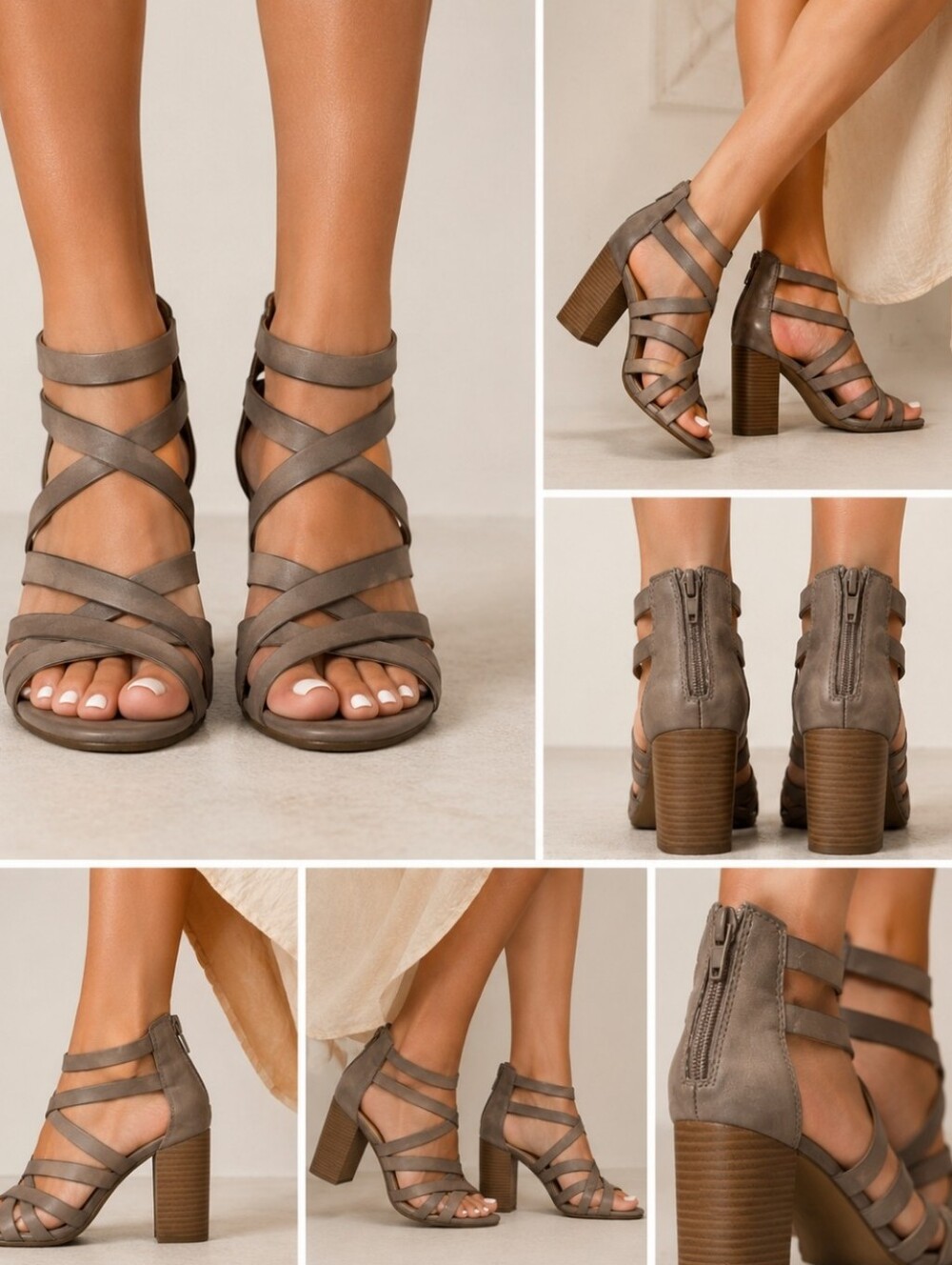 American Eagle Taupe Gladiator Block Heel Sandals Size 8 Strappy Zip Back Boho